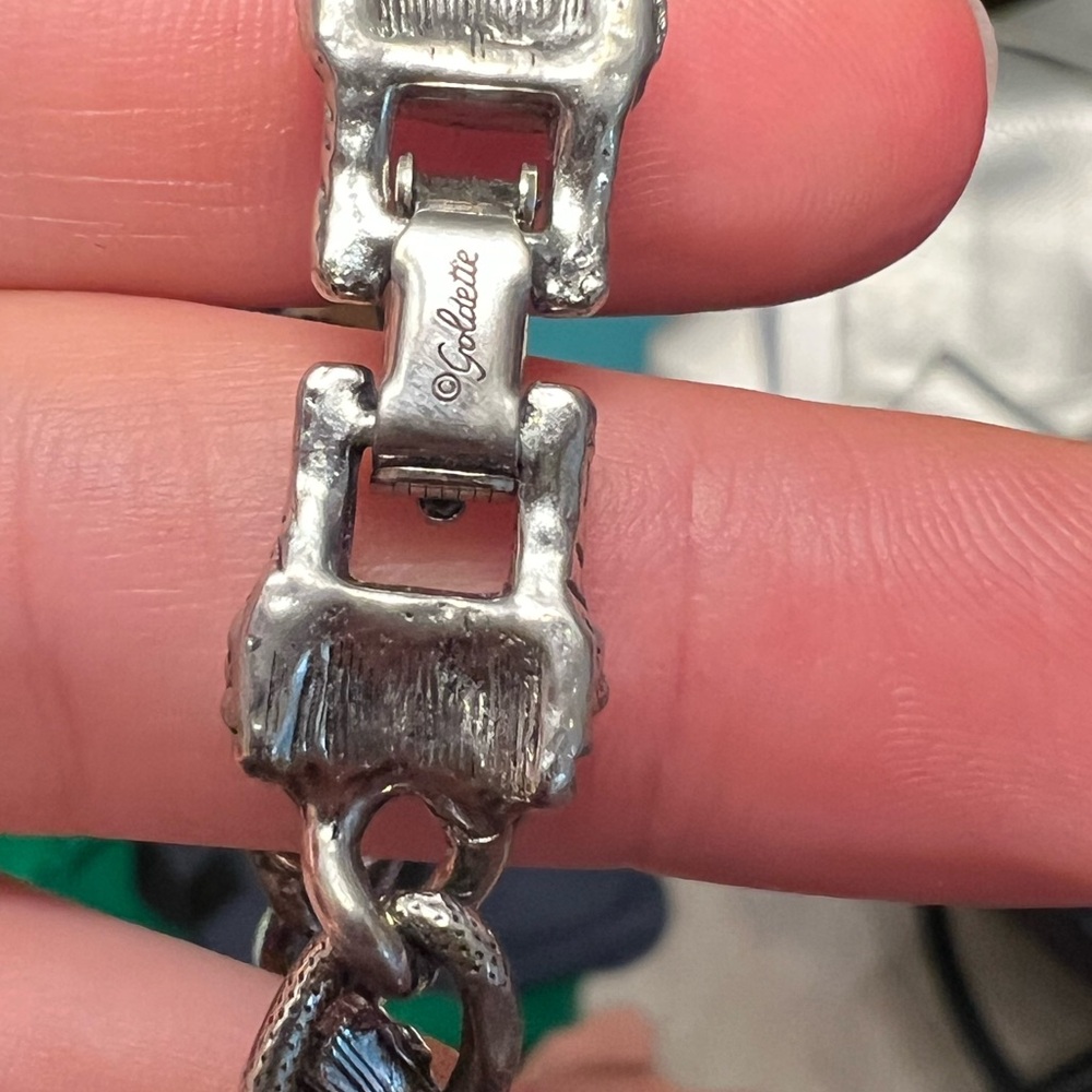 Vintage Signed Goldette Silver Tone Colorful Multi-Stone Charm Link Bracelet - Picture 11 of 11